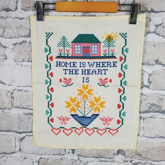 2/$25 80s Cross Stitch Sampler Home Is Where The Heart Is 16.5 x 13.5" Completed - Picture 1 of 9